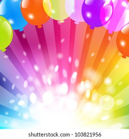 Birthday Card With Balloon And Sunburst, Vector Illustration