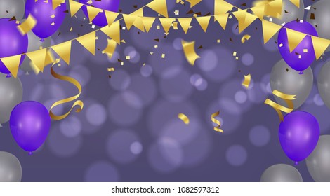 Birthday card with balloons and bunting flags. Vector Abstract Glow Background Gold shiny flying confetti