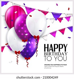 Birthday card with balloons and bunting flags.