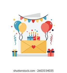 A Birthday Card With Balloons and a Birthday Cake.