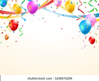 Geburtstagskarte mit Balloons , Confetti und Curling Streamer oder Party Serpentine . Illustration der isolierten Vektorillustration