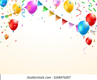 Birthday Card with Balloons , Confetti and Curling Streamer or Party Serpentine . Isolated Vector Illustration