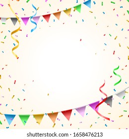 Birthday Card with Balloons , Confetti and Curling Streamer or Party Serpentine . Isolated Vector Illustration