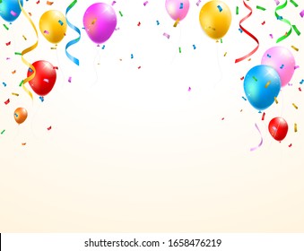 Birthday Card with Balloons , Confetti and Curling Streamer or Party Serpentine . Isolated Vector Illustration