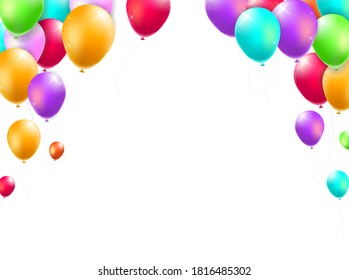 Birthday Card with Balloons , Confetti and Curling Streamer or Party Serpentine . Isolated Vector Illustration