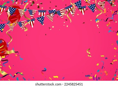 Birthday Card with Balloons , Confetti and Curling Streamer or Party Serpentine . Isolated Vector Illustration
