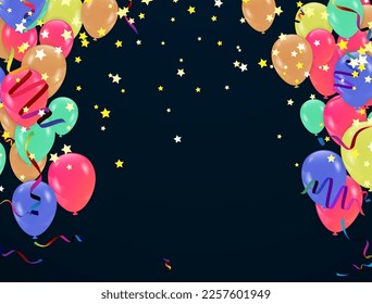 Birthday Card with Balloons , Confetti and Curling Streamer or Party Serpentine . Isolated Vector Illustration
