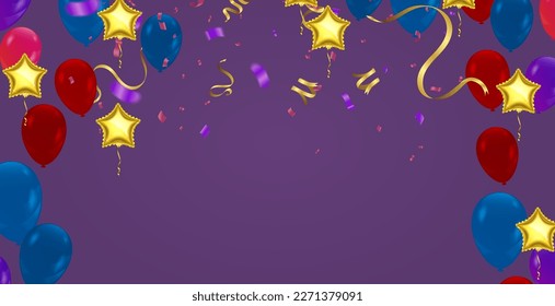 Birthday Card with Balloons , Confetti and Curling Streamer or Party Serpentine . Isolated Vector Illustration
