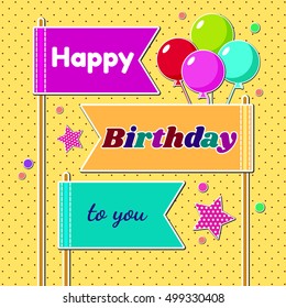 Birthday card with balloons and flags. Vector illustration.