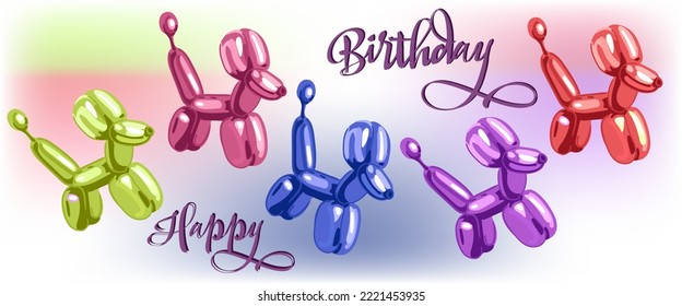 Birthday card with balloons in the form of a dog. Mother-of-pearl bright balloons and Happy birthday inscription. Suitable for printed products on fabric and paper.