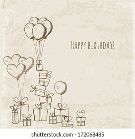 Birthday card with balloons and gift boxes. Vector sketch illustration.