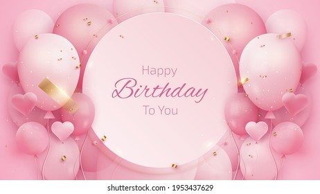 Birthday card with balloons and gold ribbon. 3d luxury realistic style on pink background. Vector illustration creative for design.