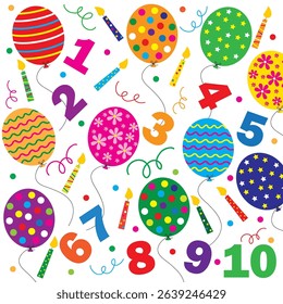 Birthday card with balloons, birthday number and candles design

