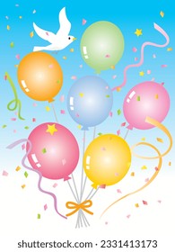 Birthday card of balloons and pigeon on the blue sky background.