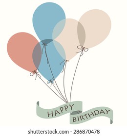 Birthday card with balloons and a ribbon. Happy birthday card.