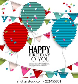 Birthday card with balloons in the style of flat folded paper.