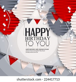 Birthday card with balloons in the style of flat folded paper.