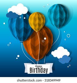 Birthday card with balloons in the style of flat folded paper.