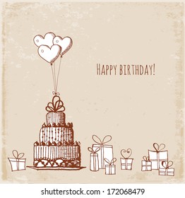 Birthday card with baloons and gift boxes. Vector sketch illustration.