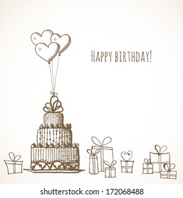 Birthday card with baloons and gift boxes. Vector sketch illustration.