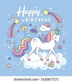 Birthday Card With A Beautiful Unicorn On A The Cloud And Magical Elements.