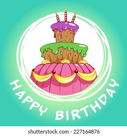Birthday card with big cake on mint background. Vector template card for birthday.