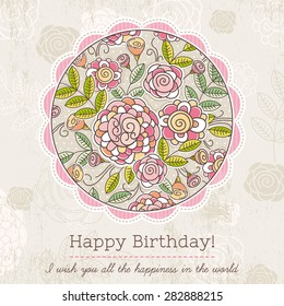 Birthday card with big round of spring flowers,  vector illustration
Decorative composition suitable for invitations, greeting cards, flayers, banners.