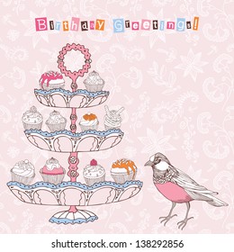 Birthday card with bird and sweets.