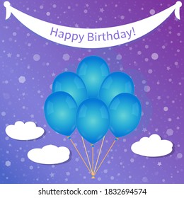 Tarjeta de cumpleaños con globos azules, azul. Ilustración vectorial.
