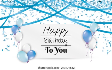 birthday card with blue balloons and ribbons