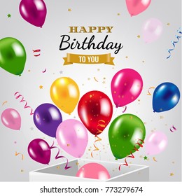 Birthday Card With Box And Balloons With Gradient Mesh, Vector Illustration