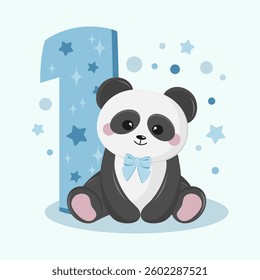 Birthday card for boy 1 year. Baby shower banner with cute panda on pastel background for baby banner, baby shower invitation, birthday greeting card, social media, wallpaper and website.