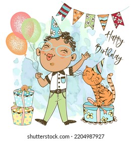 A birthday card for the boy. A boy in a festive cap with balloons, and a cute cat celebrates his birthday. Vector.
