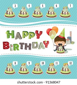 A birthday card with a boy holding balloons and trying to blow out the candle