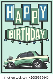 Birthday card for boys. happy birthday kids greeting card. Birth poster with cars design. Happy birthday greeting poster. Trendy Birthday greeting card template for children. 
