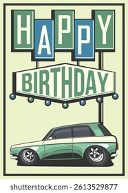 Birthday card for boys. happy birthday kids greeting card. Birth poster with cars design. Happy birthday greeting poster. Trendy Birthday greeting card template for children. 