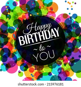 Birthday card in bright colors on polka dots background.