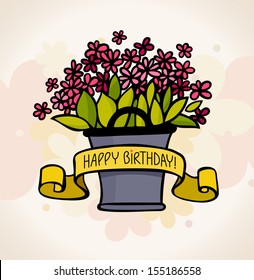 birthday card with buckets of flowers. color background. eps8