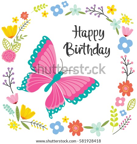 Birthday Card Butterfly Flowers Design Stock Vector (Royalty Free ...