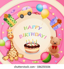 Birthday card with birthday cake, balloons and gifts 