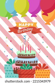 Birthday card with cake balloons, gifts and fireworks