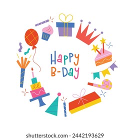 Birthday card with cake, candle, whistle. Template for greeting card, happy birthday lettering, vector arrangement with confetti, gift boxes, childish poster, cute postcard design for party