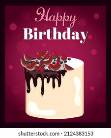 Birthday card. Cake with candles. Celebration. Anniversary. Celebration. Fireworks. Vector Stock illustration. Cartoon. Red background.
