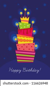 Birthday card, birthday cake with candles and decorations