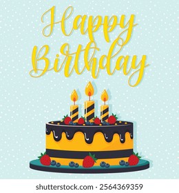 Birthday card with birthday cake and candles  flat illustration