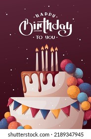 Birthday card with cake and candles. Handwritten lettering. Vector illustration. Postcard, card. cover, invitation template.