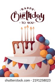 Birthday card with cake and candles. Handwritten lettering. Vector illustration. Postcard, card. cover, invitation template.
