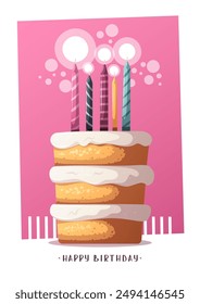 Birthday card with cake and candles. Handwritten lettering. Birthday party, celebration, congratulations, invitation concept. Vector illustration. Postcard, card, cover.