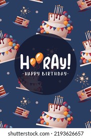 Birthday card with cake and candles pattern. Handwritten lettering. Vector illustration. Postcard, card. cover, invitation template.
