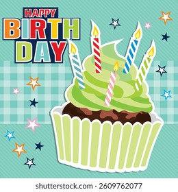 Birthday card with cake,  candles and stars